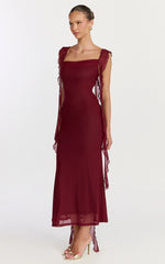 Rosha Midi Dress - Ruffle Strap Dress in Wine