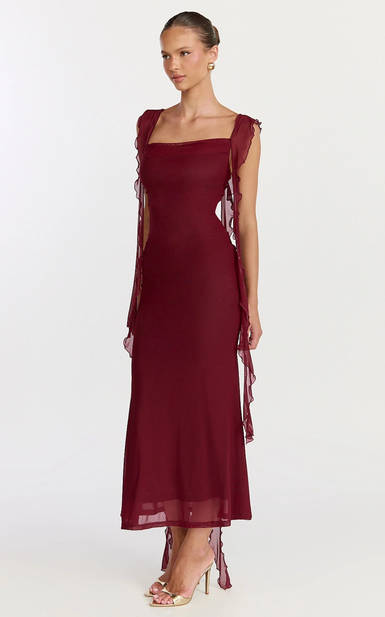 Rosha Midi Dress - Ruffle Strap Dress in Wine