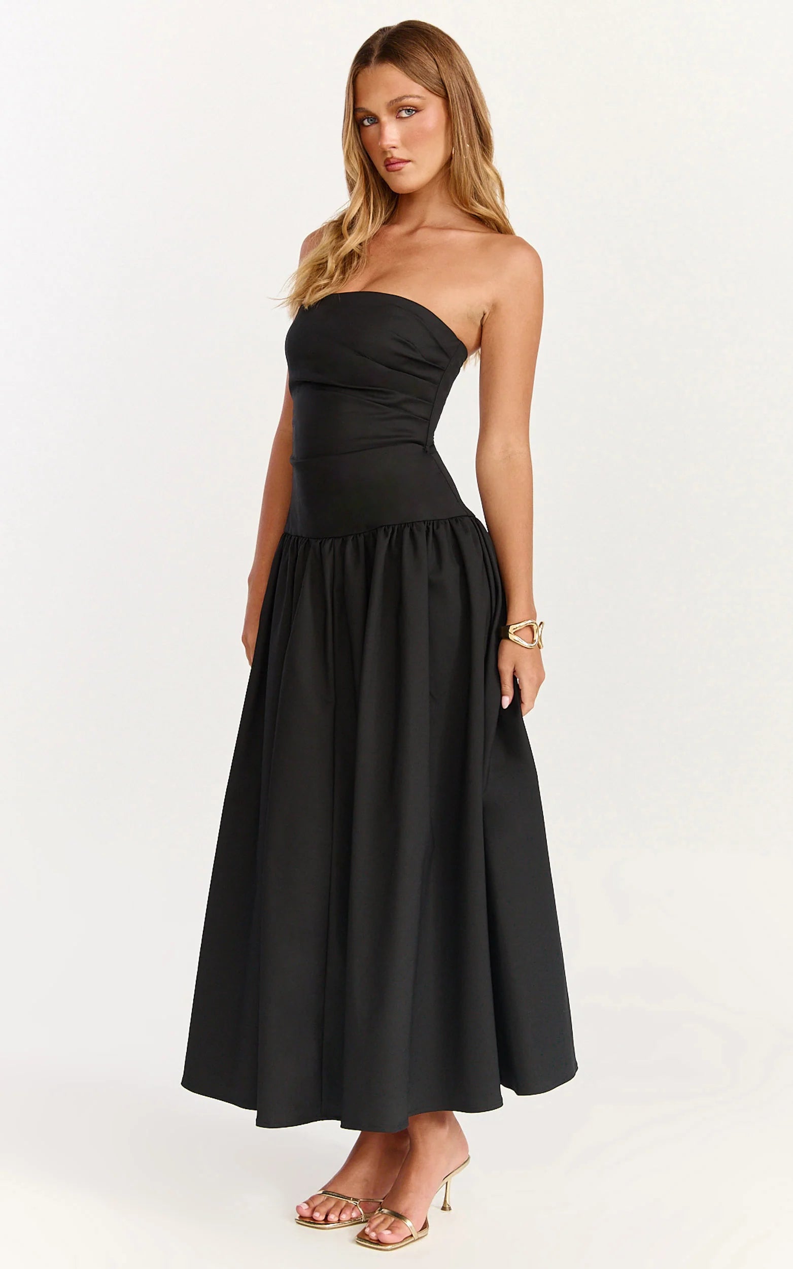 Louisa Maxi Dress - Strapless Side Ruched Dropped Waist Fit And Flare Dress in Black