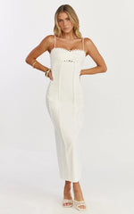 Nikki Midi Dress - Scallop Edge Front Split Column Dress in Off White