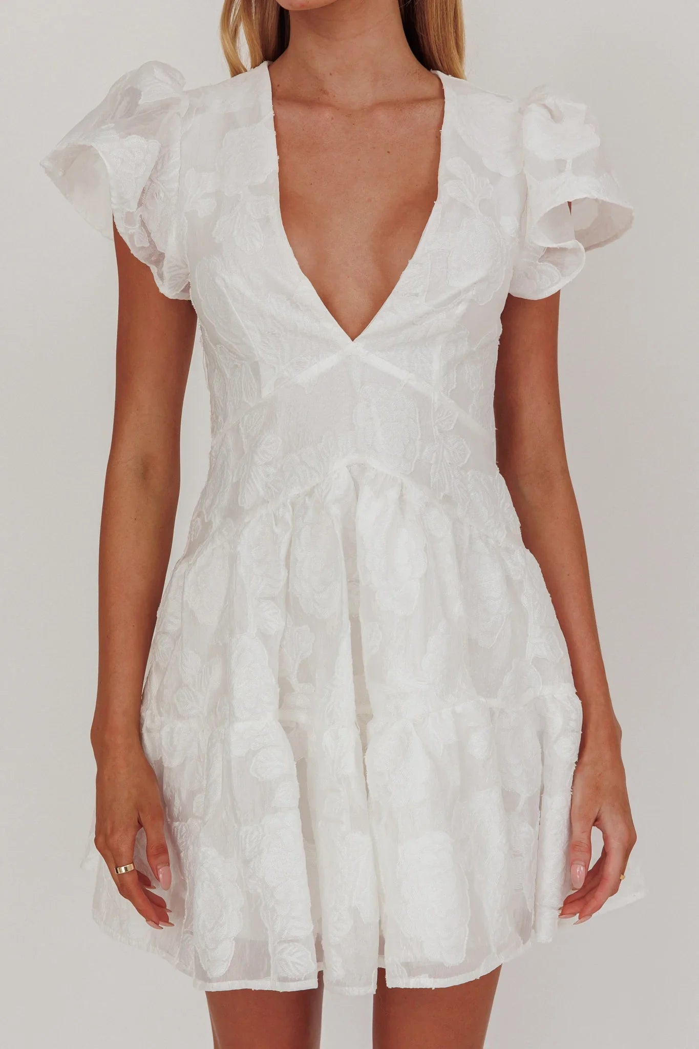 Irenna Ruffle Sleeve V-Neck Mini Dress Textured White