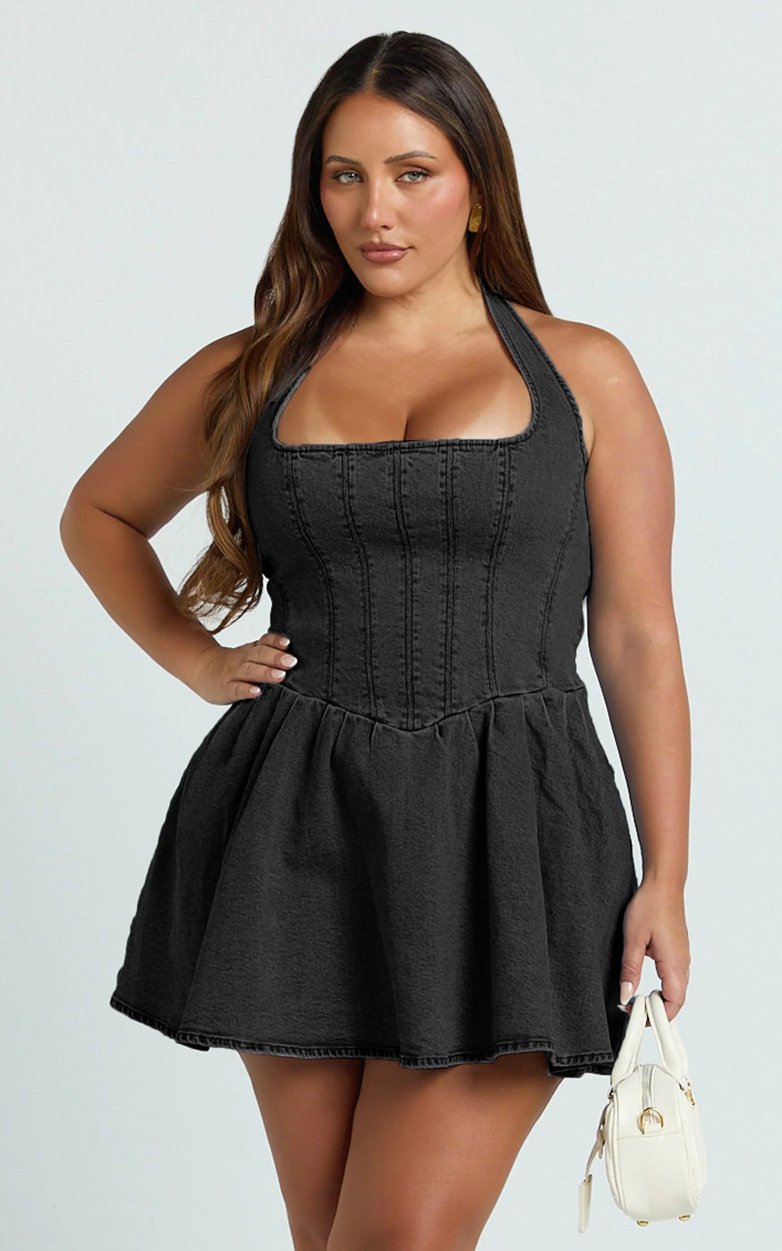 Hayes Mini Dress - Halter Neck Corset Bodice Dress in Washed Black